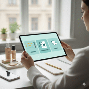 Design a professional image for me with this title, without writing the title itself: “How to Build Trust on Beauty Platforms: Reviews, Transparency & Safety” . The image should be meaningful to the title.